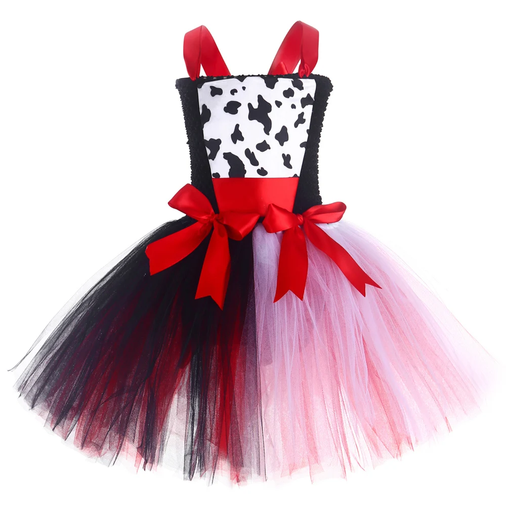 Evil Cruella Cosplay Costumes for Girls Wicked Witch Queen Halloween Dresses for Kids Dalmatian Dog Tutu Outfit Children Clothes