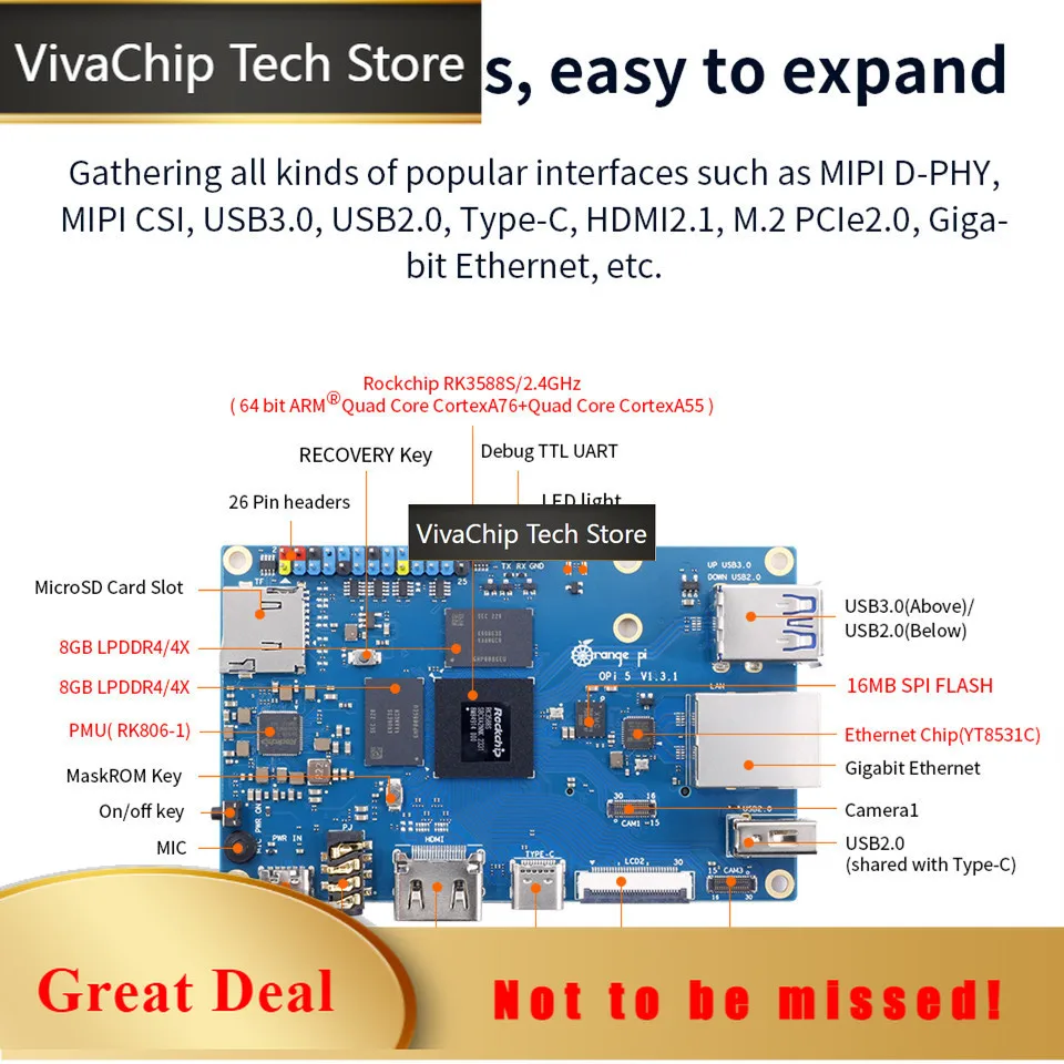 VivaChip TechOrange Pi 5 16GB RAM + Power Supply Single Board Computer RK3588S PCIE Module External WiFi+BT SSD Orange Pi5 Devel
