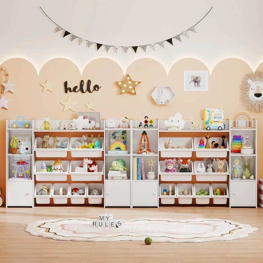 56-Zoll-Spielzeug-Aufbewahrungsorganisator mit 8 herausnehmbaren Behältern und 4-stufigem Design für Kleinkinder. Montessori-inspiriertes Bücherregal mit 6 großen Kabinen