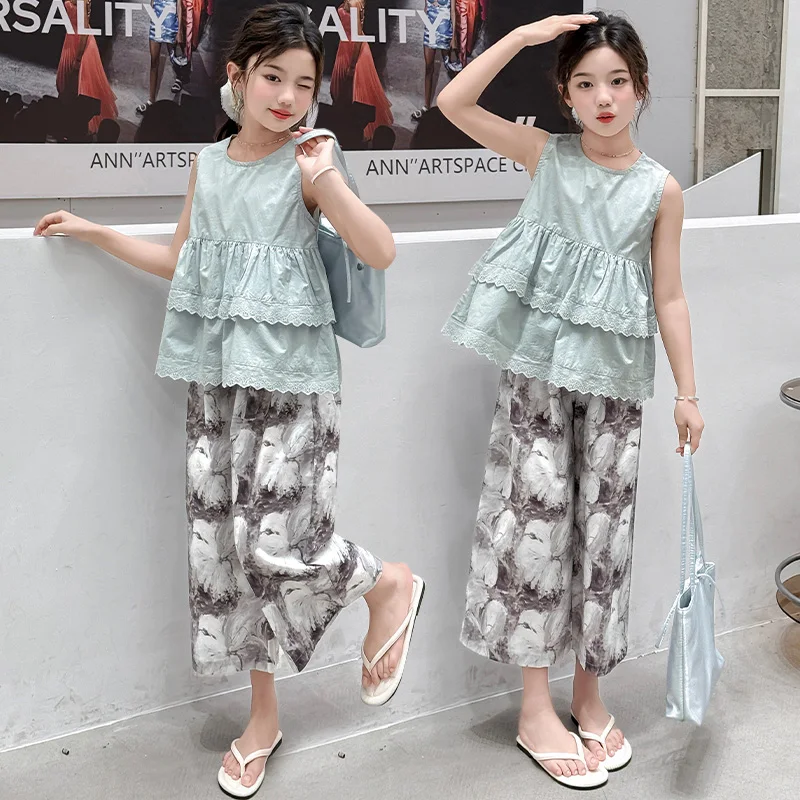 

Girls Summer Clothing Set Children Sleeveless Doll Blouse + Ink-Wash Wide-Leg Pants Two-Piece Set 2025 New