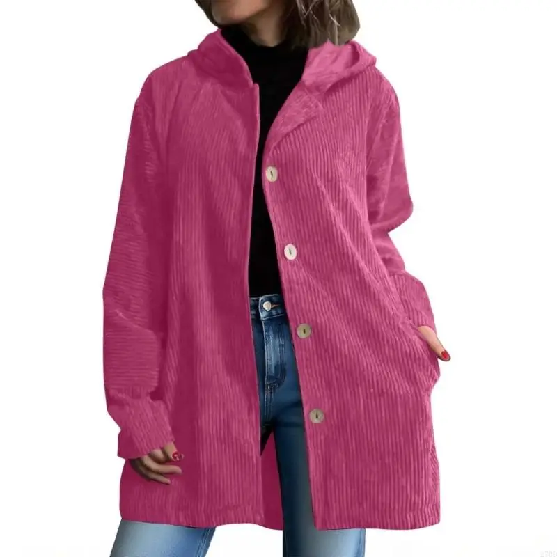 Women's Oversized Corduroy Hooded Coat, Lightweight Casual Fall Button Loose Comfy Fashion Outfits with Pockets