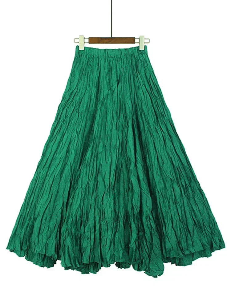 

XITAO Pleated Solid Color Elastic Waist Loose Fashion Dress 2025 Summer New Arrival Women Appear Thin All-match Dress DMJ1498
