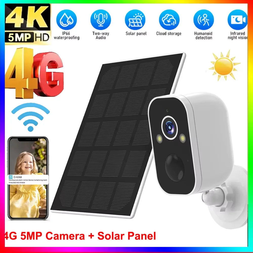 

5MP-4K, HD беспроводная Wi-Fi солнечная камера, наружная IP-камера 4G с аккумулятором 5000 мАч, двусторонняя аудиокамера безопасности AI для обнаружения человека