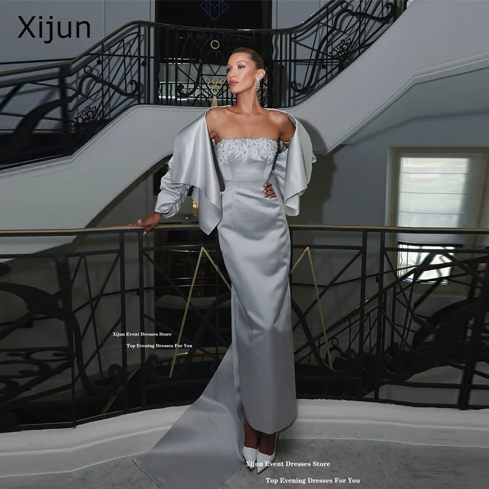 

Xijun Luxury Gray Satin Evening Dresses With Jacket Beads Mermaid Prom Dresses Formal Long Prom Gowns Women 2026 Customized