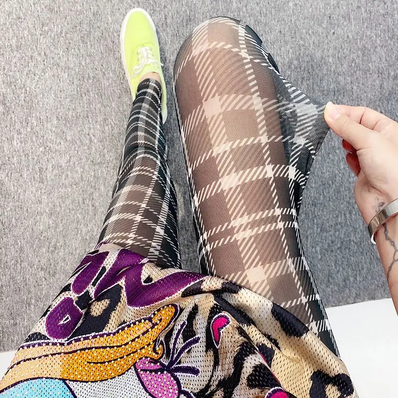 Retro Plaid Printed Women's Mesh Leggings Summer Thin Sheer Single-Layer High-Elasticity Hottie Sexy Tight Cropped Pants
