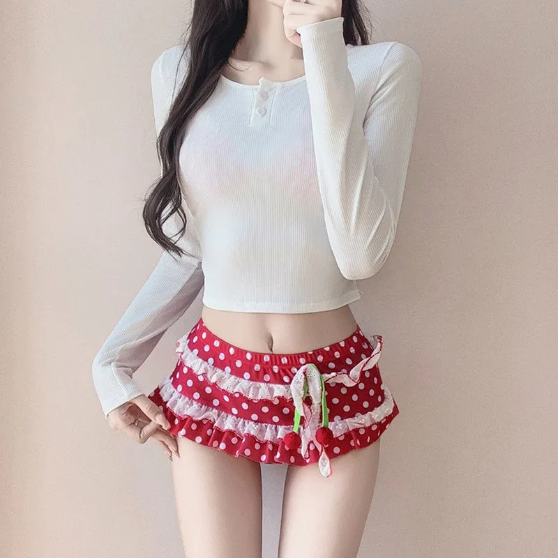 Women's 3-piece Bikini Red Polka Dot Cherry Decoration Ruffled Lace Camisole Top Skirt Bottom Long Sleeved Cover Swimsuit