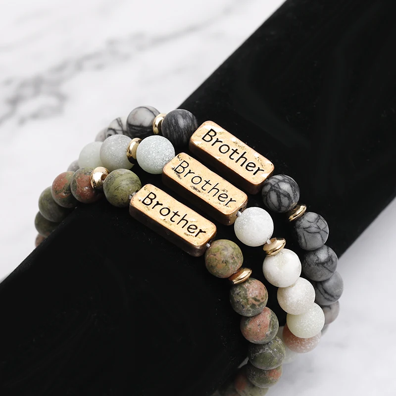 3 Colors Letter Brother Natural Stone Bracelet Mens Stretch Bangle 8mm Beads Chain For Summer Friends Boys Family Birthday Gift