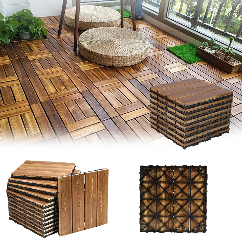 Solid Wood Splicing Flooring Garden Renovation Anti-slip Surface 4-slat Patio Cover Decor Natural Wood Interlocking Floor Tiles