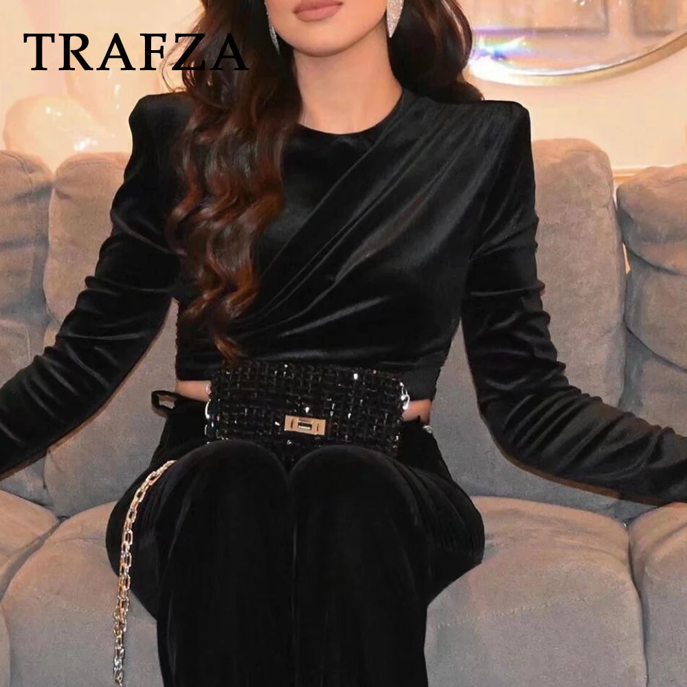 TRAFZA 여성용 빈티지 단색 벨벳 스웨터, 지퍼 O-넥 슬림 스웨터, 짧은 구김 블랙, 우아한 여성 스웨터, 2024 겨울