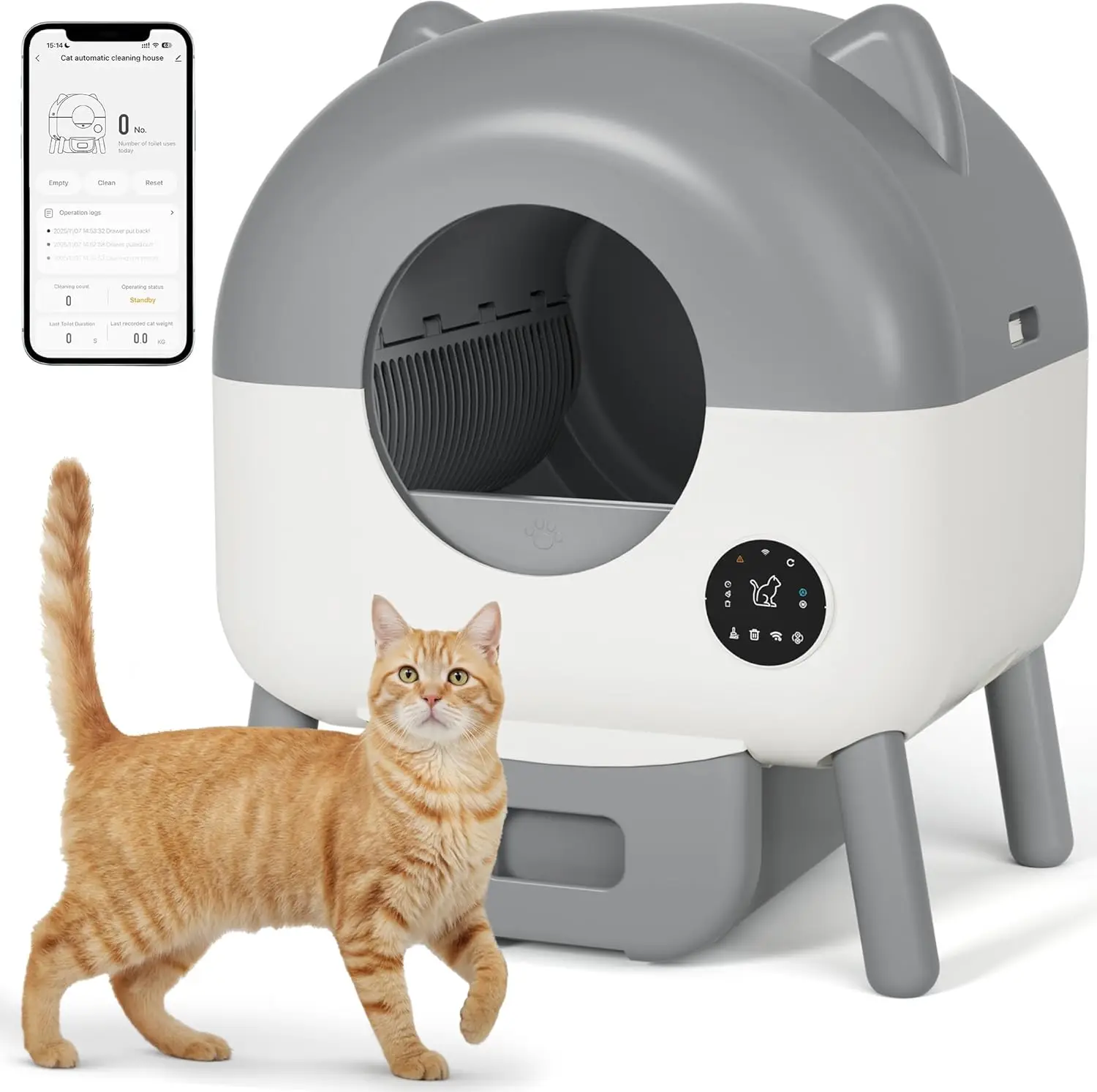 76L Large Capacity Fully Enclosed Automatic Litter Box for Multi-Cat Families, Gray, with Garbage Bags, Aroma Box and Brush