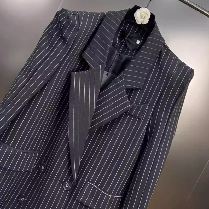 HKSH Primavera Autunno Nuove Donne Giacca Lunga Colletto Dentellato A Righe Doppio Petto Trench e Impermeabili Pantaloni A Gamba Larga Alla Moda Casual HK12584