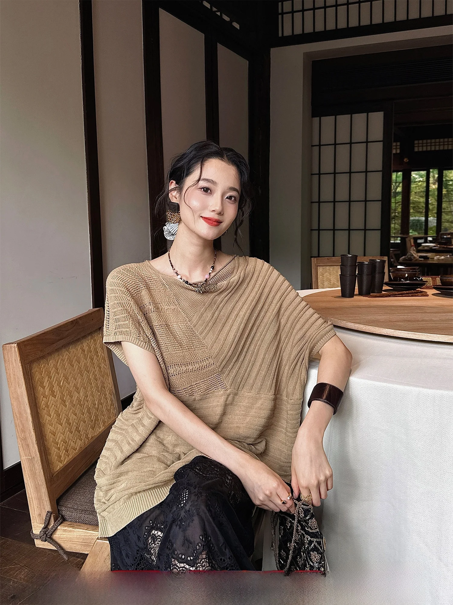 

Асимметричный вязаный льняной шелковый женский свитер-топ Ji Bla с цветочным узором, простой, повседневный, свободного кроя, летний, новинка