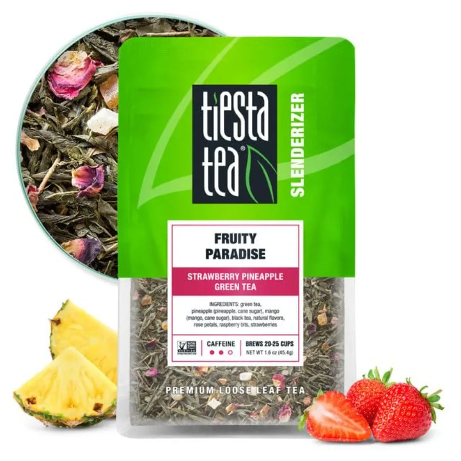 Fruity Paradise, Strawberry Pineapple Green Tea, Premium Loose Leaf Blend, Tropical Fruit Flavor, Medium Caffeine, Hot or Iced,