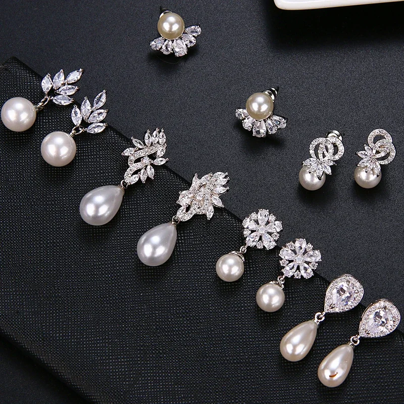 LXOEN Exquisite Flower Women Pearl Earrings Bling Shining AAA Zircon CZ Stud Earring Wedding Jewelry