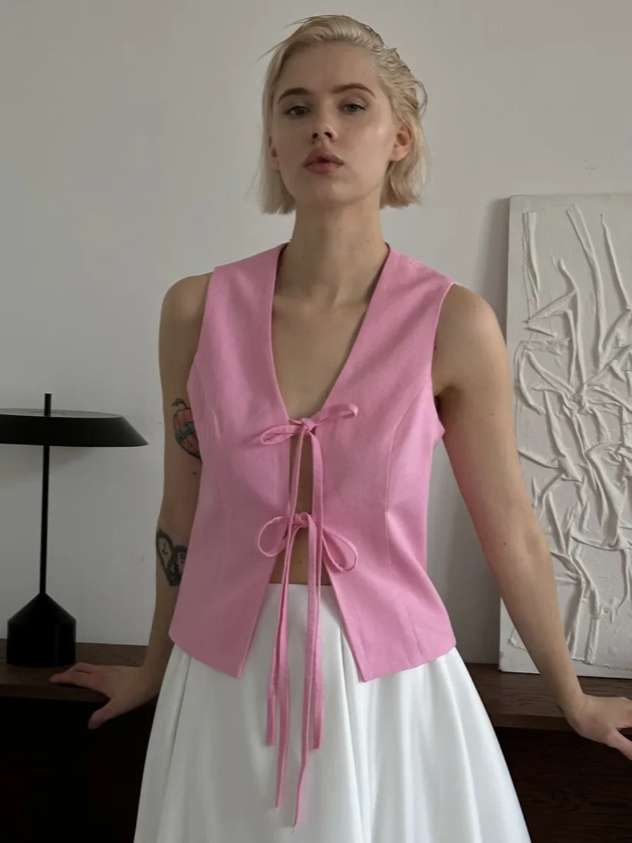 Wolfeel 2026 Spring and Summer New Pink Strap Vest Women's French V-Neck Sleeveless Outer Wear Slim-fitting Tank Top