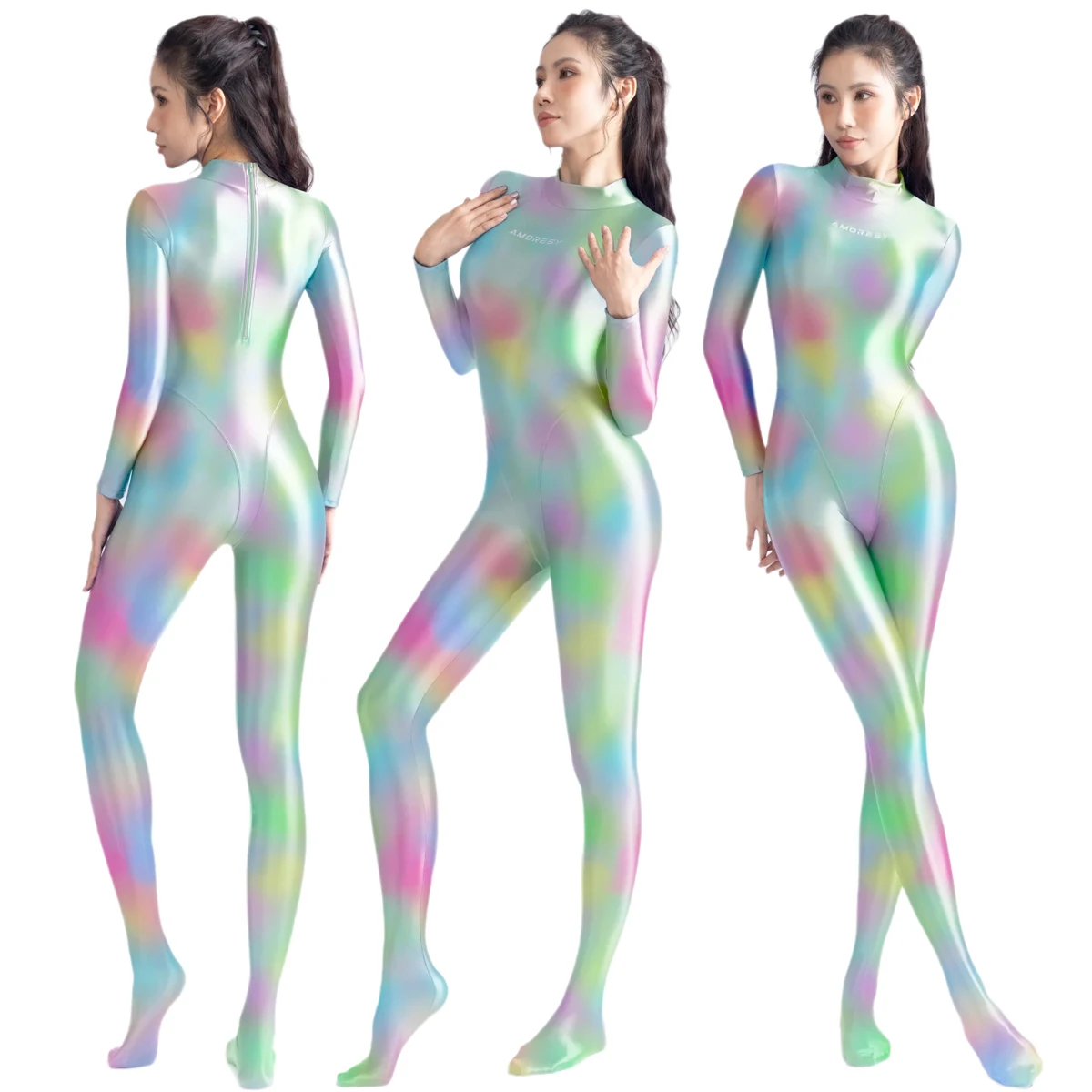 

AMORESY женские блестящие масляные колготки с рисунком, высокая эластичность, молния сзади, цельные комбинезоны для йоги, дышащие спортивные комбинезоны