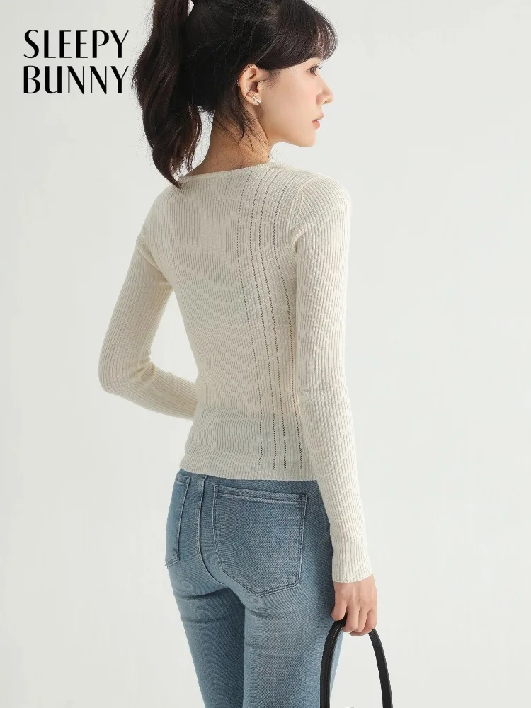

Women Elegant Knit Sweater Slim Fit Long Sleeve Ribbed Top Spring Soft Pullover Fashion Layering Shirt Lady Minimalist Sweater