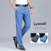2024 nuevos pantalones vaqueros sueltos de tela fina de Lyocell para hombres pantalones vaqueros elásticos de moda de negocios azul claro ropa masculina pantalones de marca
