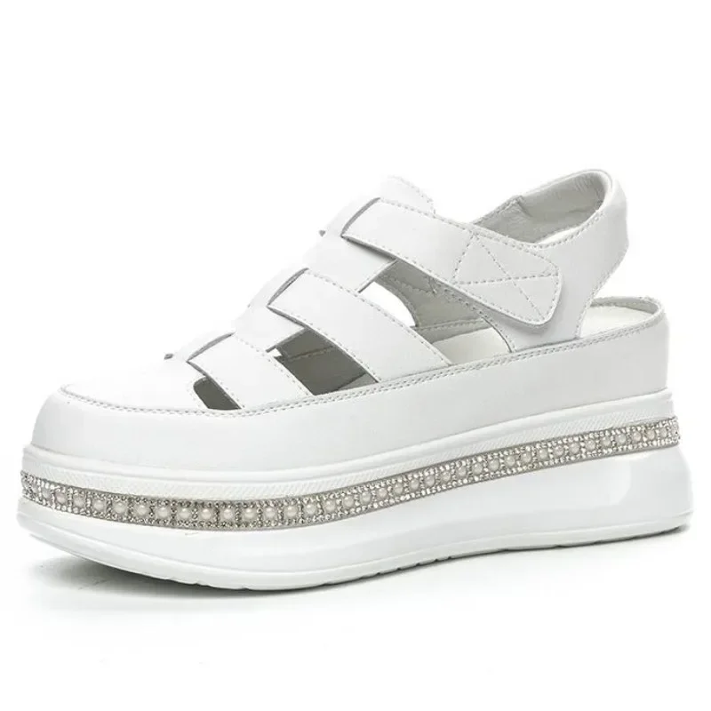 

7.5cm Weave Genuine Leather Boots Comfy Breathable Sandals Women Slippers Summer Platform Wedge Hook Hollow Flats Shoes White