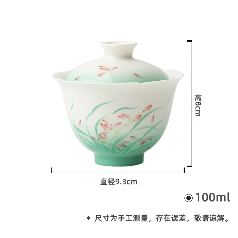 Jade Clay White Porcelain Flower Mouth Hand-painted Orchid Gaiwan Household Thin Body Imitation Hot Bowl Kung Fu Tea Set Gai