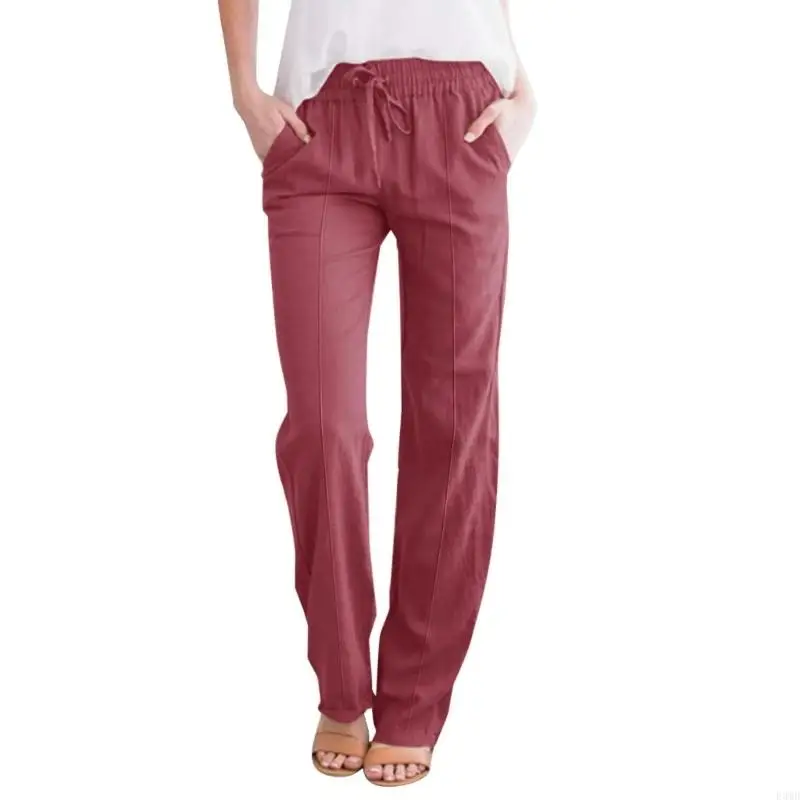 Pantalon en lin coton pour femmes, ample, taille élastique, décontracté, avec poche, F3MD