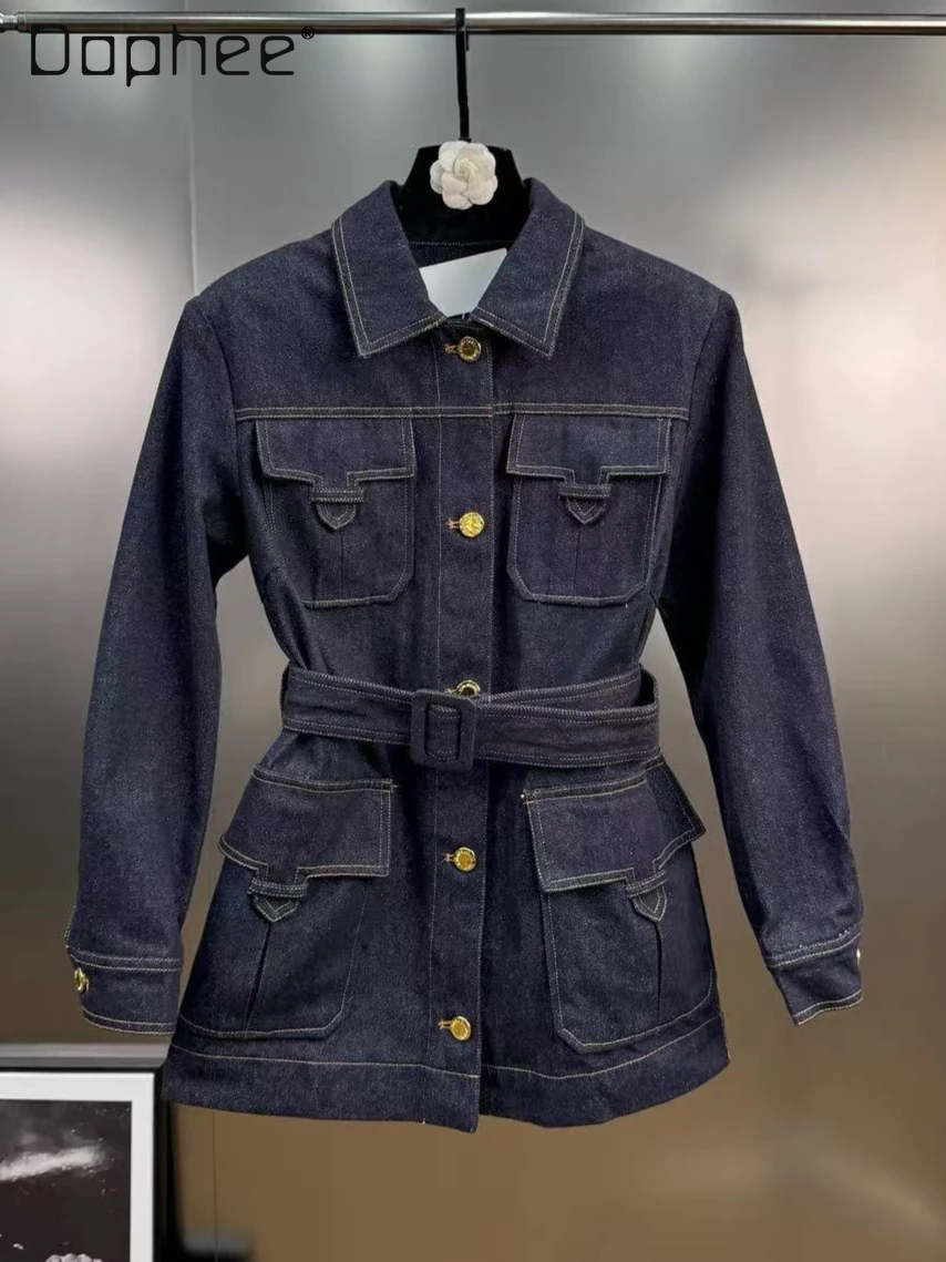 

2025 Autumn Fashion Turn-Down Collar Pocket Design Belt Slim Trendy Personality Denim Jacket Korean Chic Loose Casual Jackets