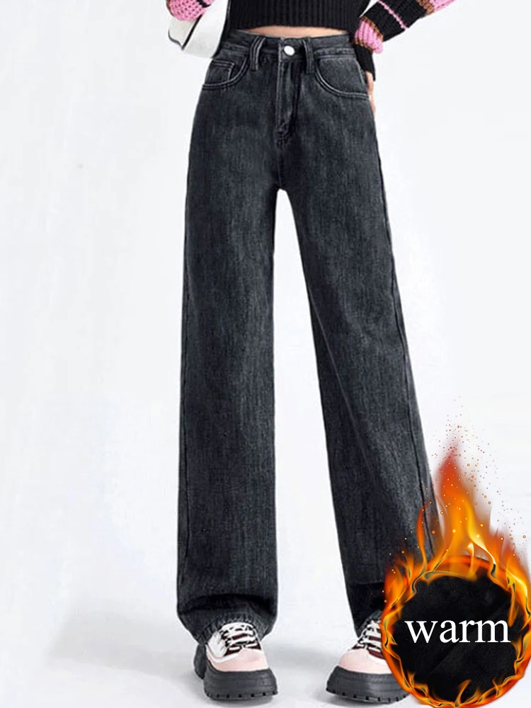 Winter Warm Baggy Wide Leg Jeans Women Thicken High Waist Vintage Velvet Lined Denim Pants Casual Streetwear New Loose Vaqueros