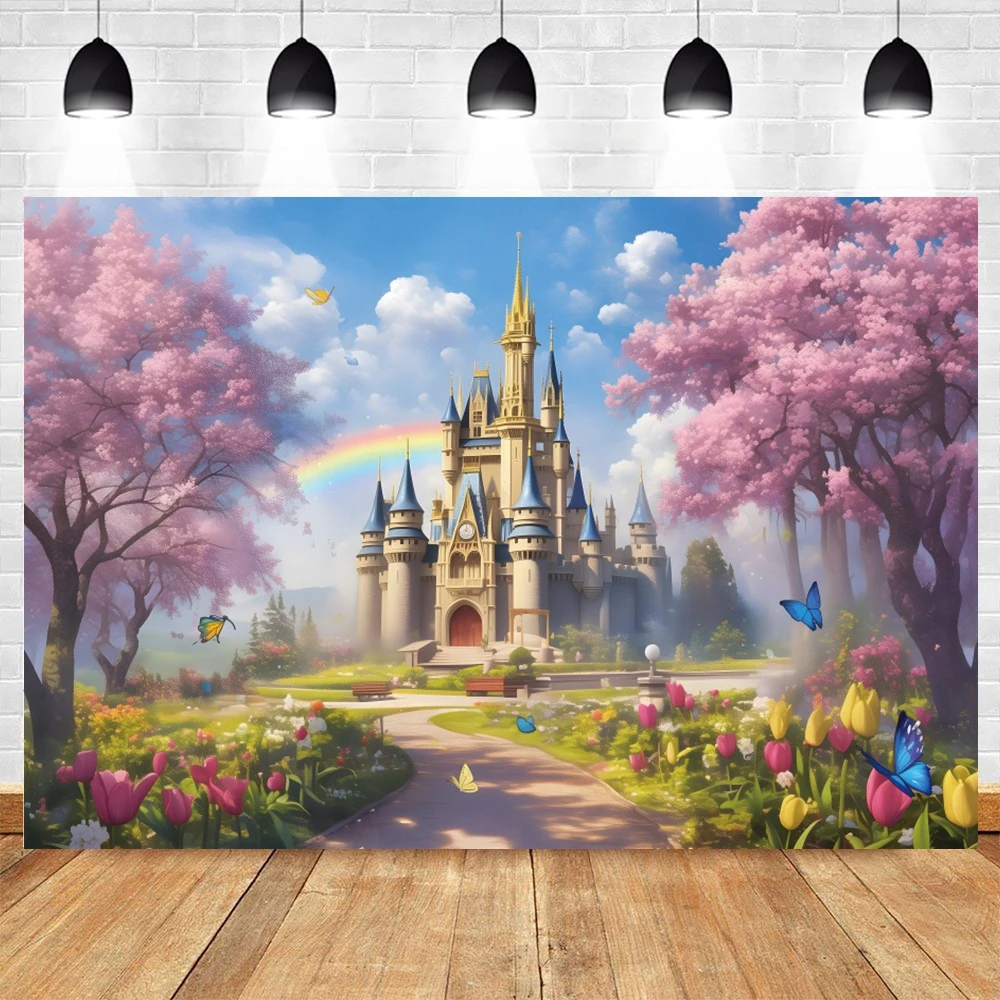Pink Rainbow Castle Backdrops Flowers Forest Princess Birthday Party Dreamy Wedding Portrait Photography Background Photo Studio