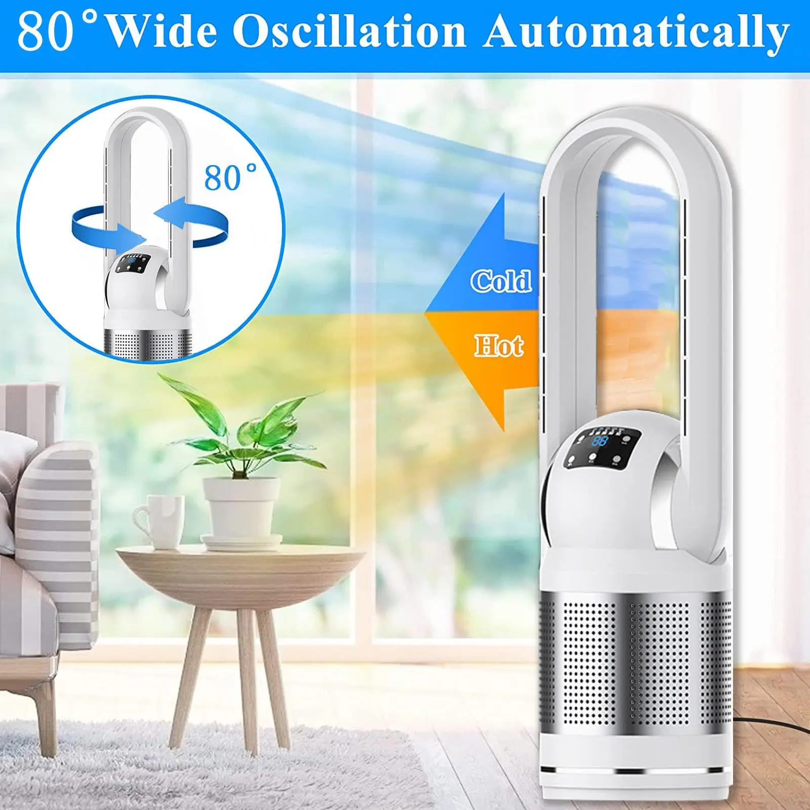 3 in 1 Remote Timer Freestanding Tower Space Air Hot Electric Fan Heater With Shaking Display Air Purifier for Large Room Winter