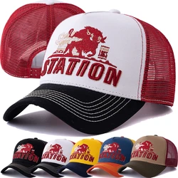 Hot Sale Unisex STATION Letter Summer Fishing Cap Breathable Mesh Trucker Hat Big Bison Bulls Embroidered Snapback Hat