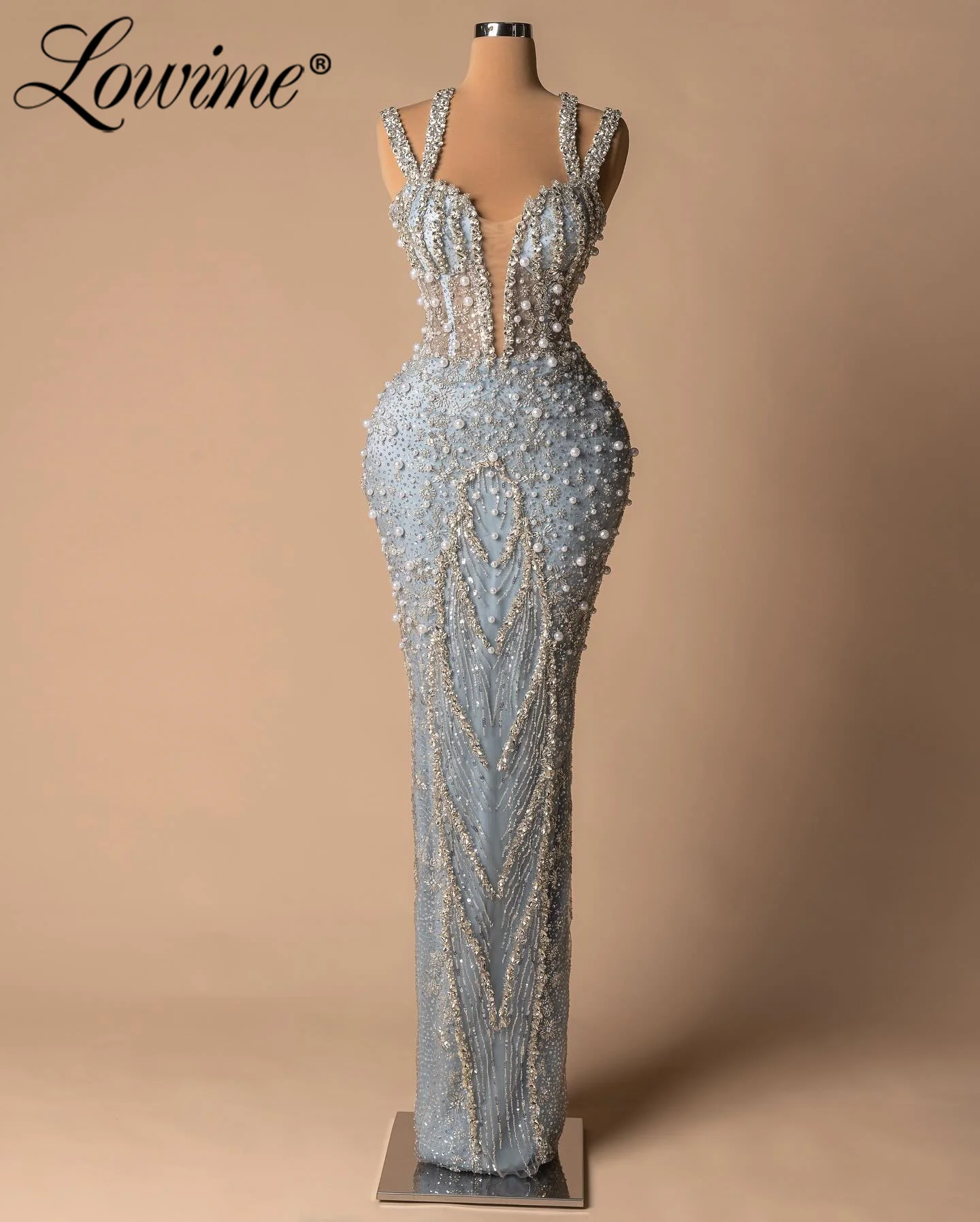 

2025 Robe Customized Formal Occasion Evening Dress Sky Blue Champagne Pearl Party Gown Crystals Beaded Floor Length Prom Dresses
