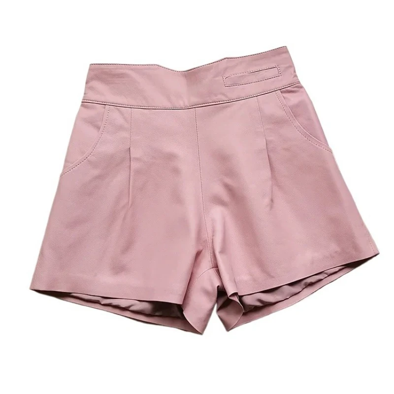 

Tajiyane High Waist Leather Shorts for Women Shorts Summer Real Sheepskin A Line Wide Leg Short Elastic Waist Short Pants Korean