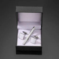 High quality men's French shirt cufflinks tie clip set classic square White Stripes clip cuffs buttons business suit accessories