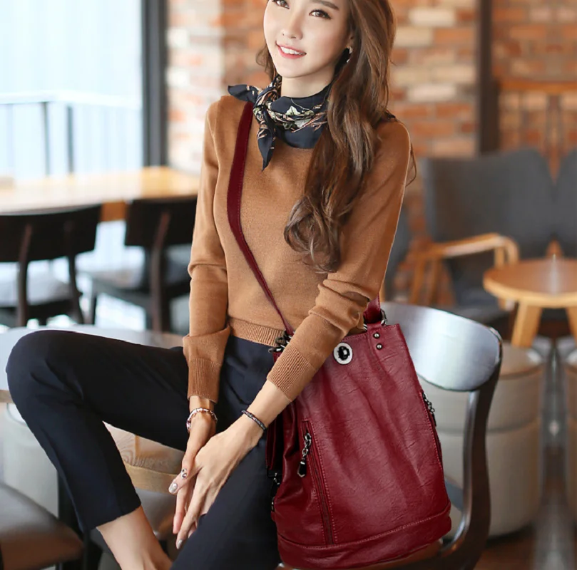 New Korean Fashion Large Capacity Bucket Backpacks Women's High Quality Soft Leather Shoulder Bags School Bag Crossbody Bagpack