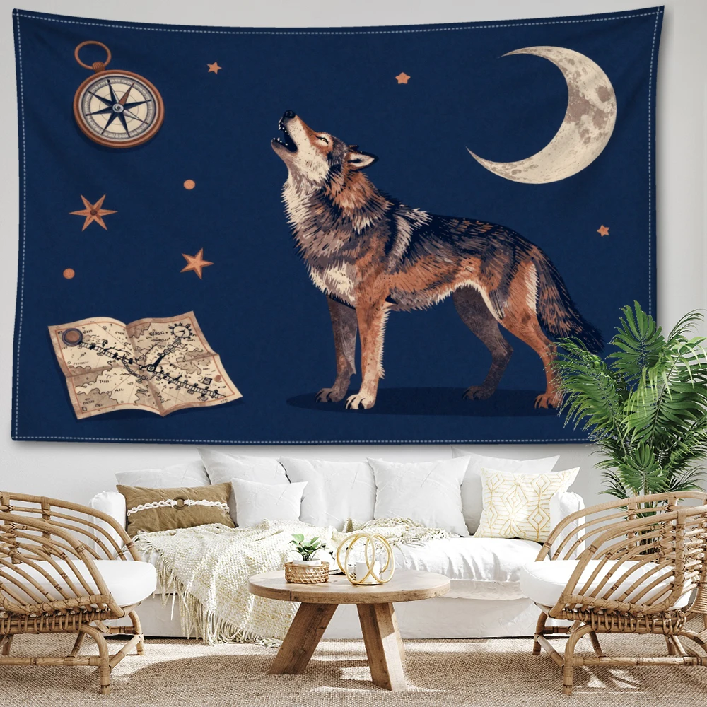 Navy Blue Howling Wolf Moon Compass Stars Wall Tapestry, Mystic Boho Decor