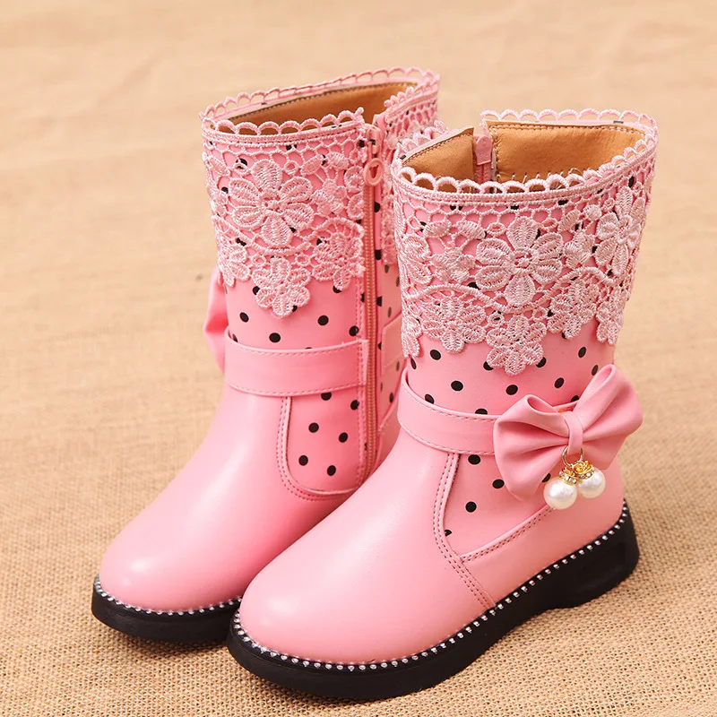 Girls Boots for Kids Autumn Winter Children Fashion Princess Leather Boots Elegant Bowtie Kid Causal Cotton High Boots Chic Lace