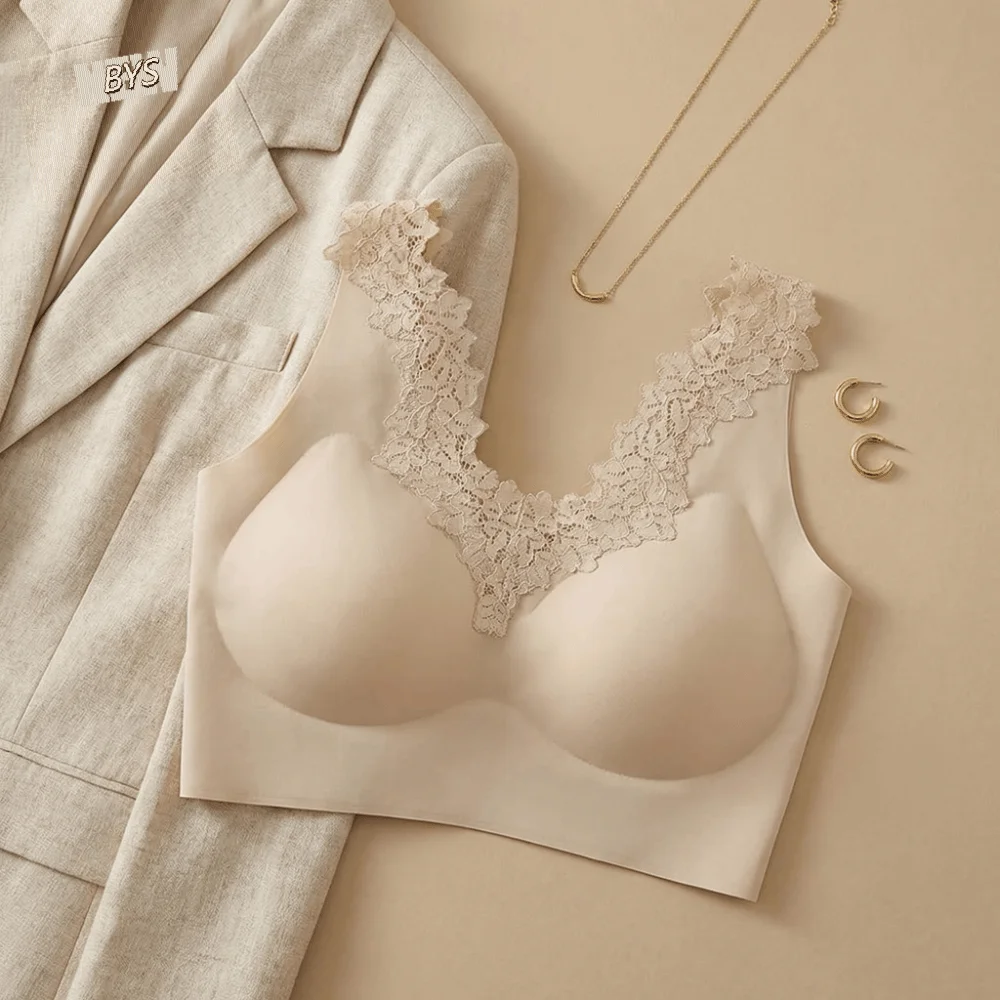 

Sweet Lace Seamless Bra Close-fitting Shockproof Deep V Brassiere Beautiful Back Wireless Vest Bra Yoga