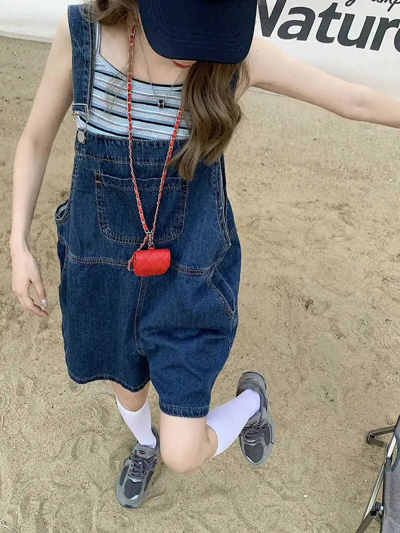 롬퍼 플레이수트 여성 빈티지 데님 여름 루즈 와이드 레그 하이 웨이스트 솔리드 심플 포켓 캐주얼 올매치 한국 스타일 Y2K