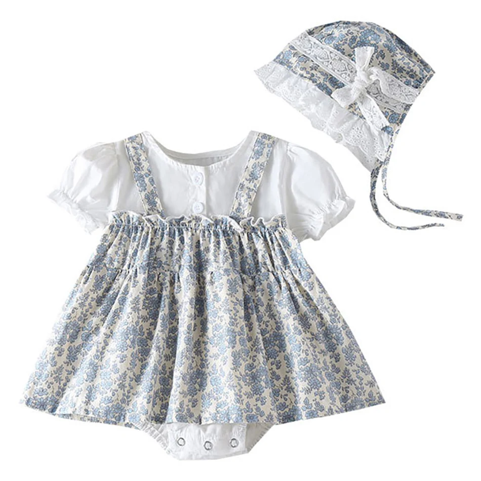 

Baby Summer Short Sleeved Small Fragmented Flower Bodysuits Children's Princess Dress Girl's Strap Dress Baby Bodysuits 3-24M