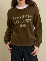 DUSHU WinterWomen Sweater Letter Printed Female Brown Casual Pullover Sweaters Round Neck Drop Sleeve Knitted Tops 24DS84642
