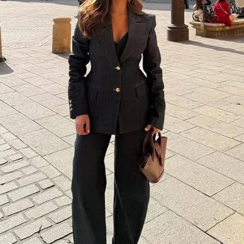 

Women Denim Blazer Sets Three Piece Pant Sets Turn Down Collar Button Cardigan Vest Pants Suit Elegant Office Lady Spring 2025
