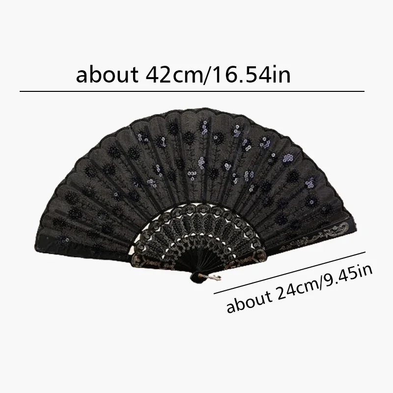 Black Plastic Folding Fan Embroidery Floral Sequins Fan Solid Hollow Lace Women Hand Held Fan Wedding Festival Gift