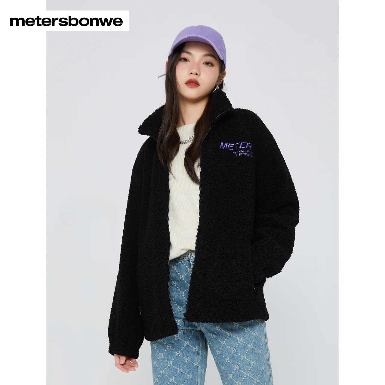 Metersbonwe-Women's Imitation Lamb Wool Stand Collar Knit Jacket Chest Color Contrast Embroidery Loose Elastic Hem Casual Top