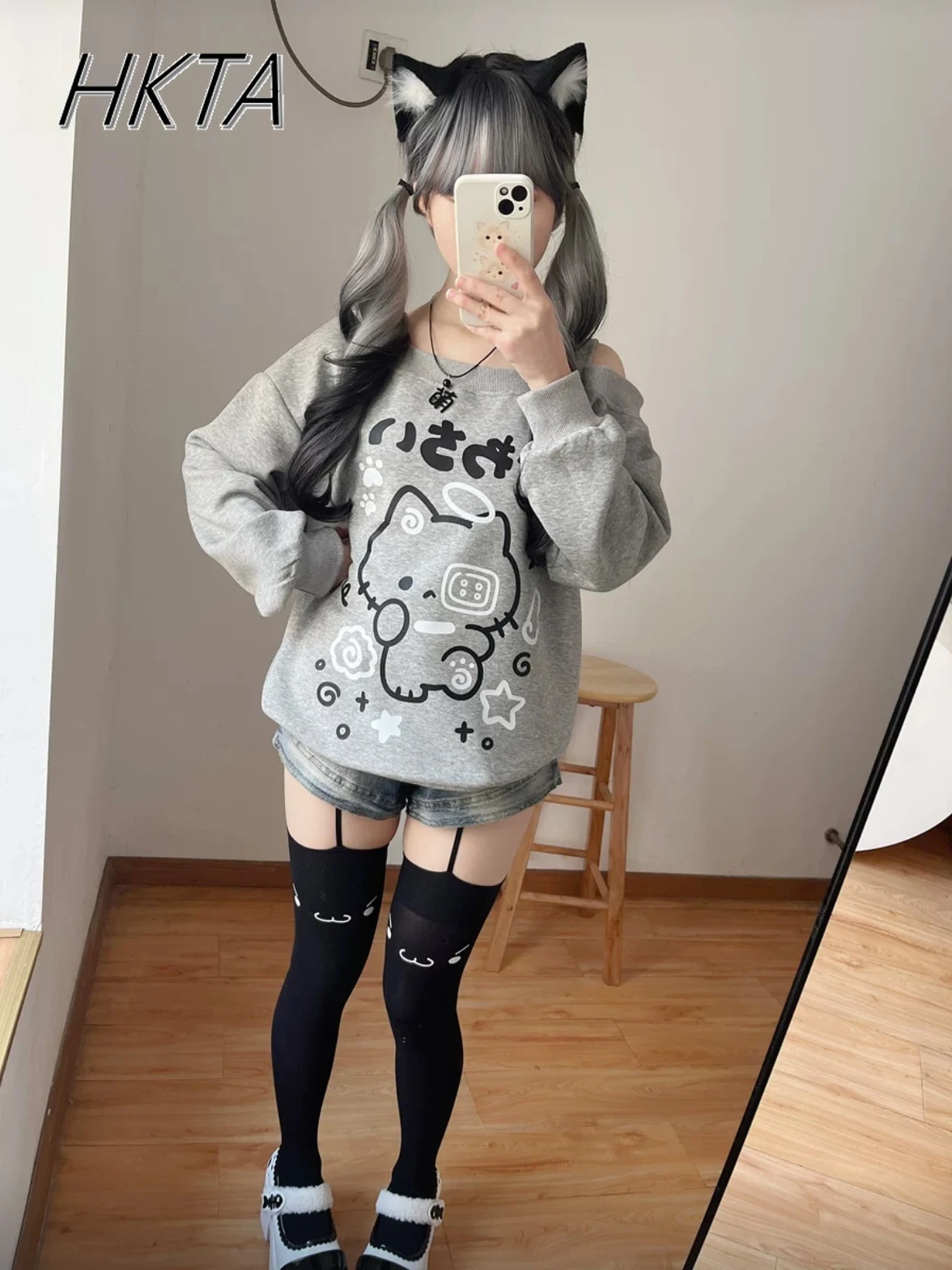 

Japanese Sweet Cartoon Lolita Pullover Coat Girls Slanted Shoulder Loose Casual Gray Long Sleeve Print Knitted Sweatshirt Women