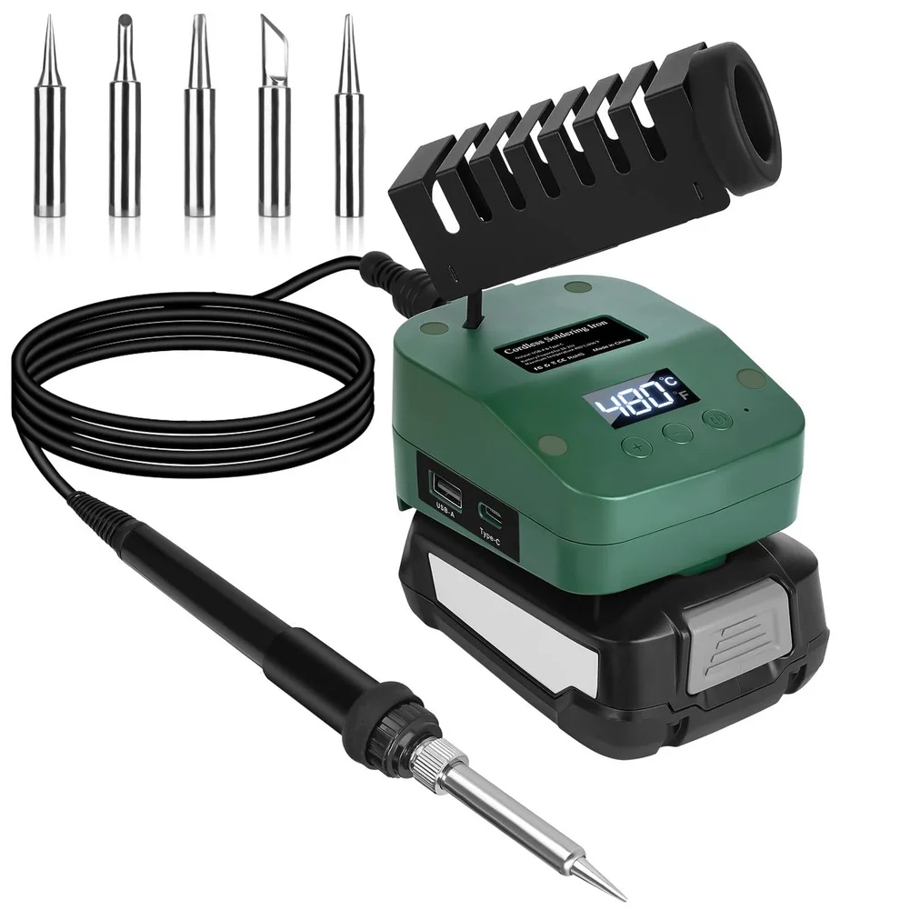 Soldering Iron 18V Cordless with Temperature Control Range 180-480C Fast Heat Up 10 Seconds Includes Stand and Dual Ports