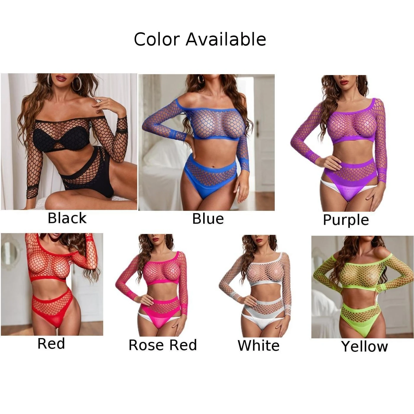 Sexy Women Long Sleeve Mesh Lingerie Set Perspective Fishnet Crop Bodysuit Top Off Shoulder Beach T-Shirt T-back Panties