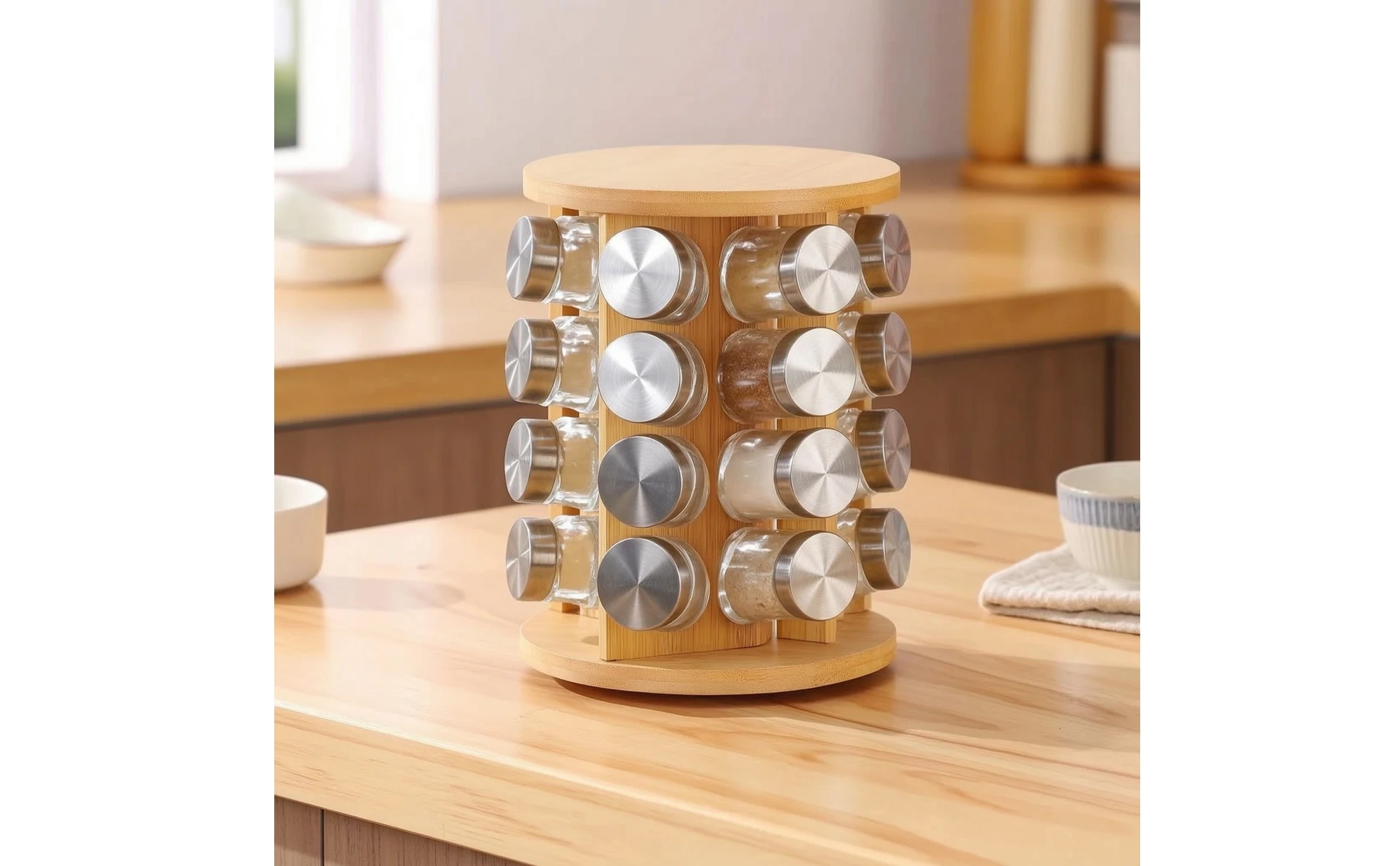Bamboo Seasoning Rack with Glass Jars Countertop Seasoning Rack with Jars Seasoning Bottle Set Revolving Rotating for Cooks