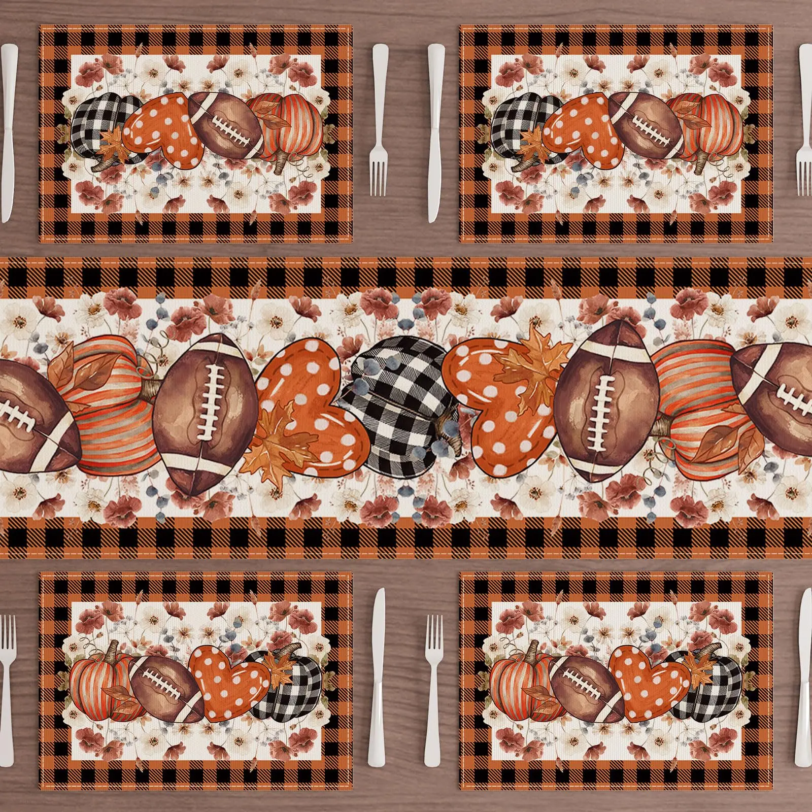 Fall Football Love Heart Placemats Set of 4 Table Decor 12x18 Inch Buffalo Plaid Pumpkin Flowers Thanksgiving Table Mat for Home