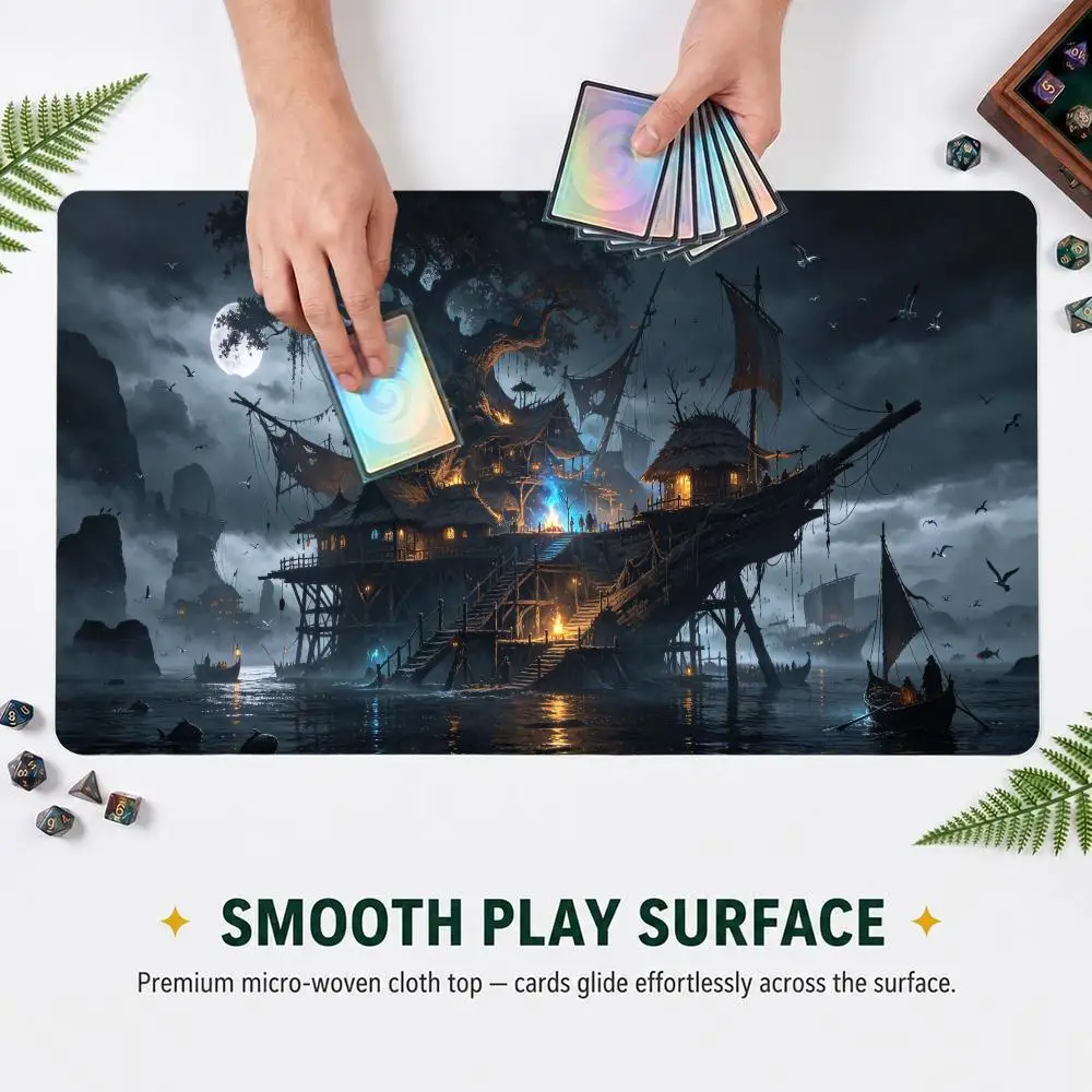 Moonlight Pirate Harbor Tree House Tabletop Game Playmat Non-Slip Rubber Large Mouse Pad Desk Mat for TTRPG Board Card Game