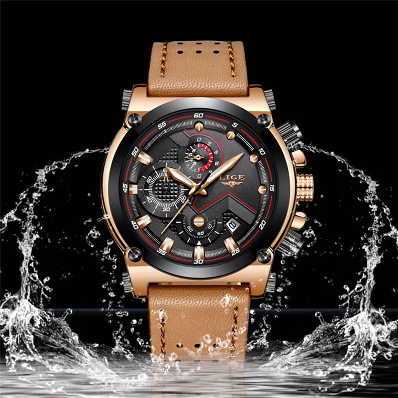 LIGE Mens Watches Fashion Sport Quartz WristWatch with Brown Leather Strap Chronograph Waterproof Auto Date Watch Men Clock Gift